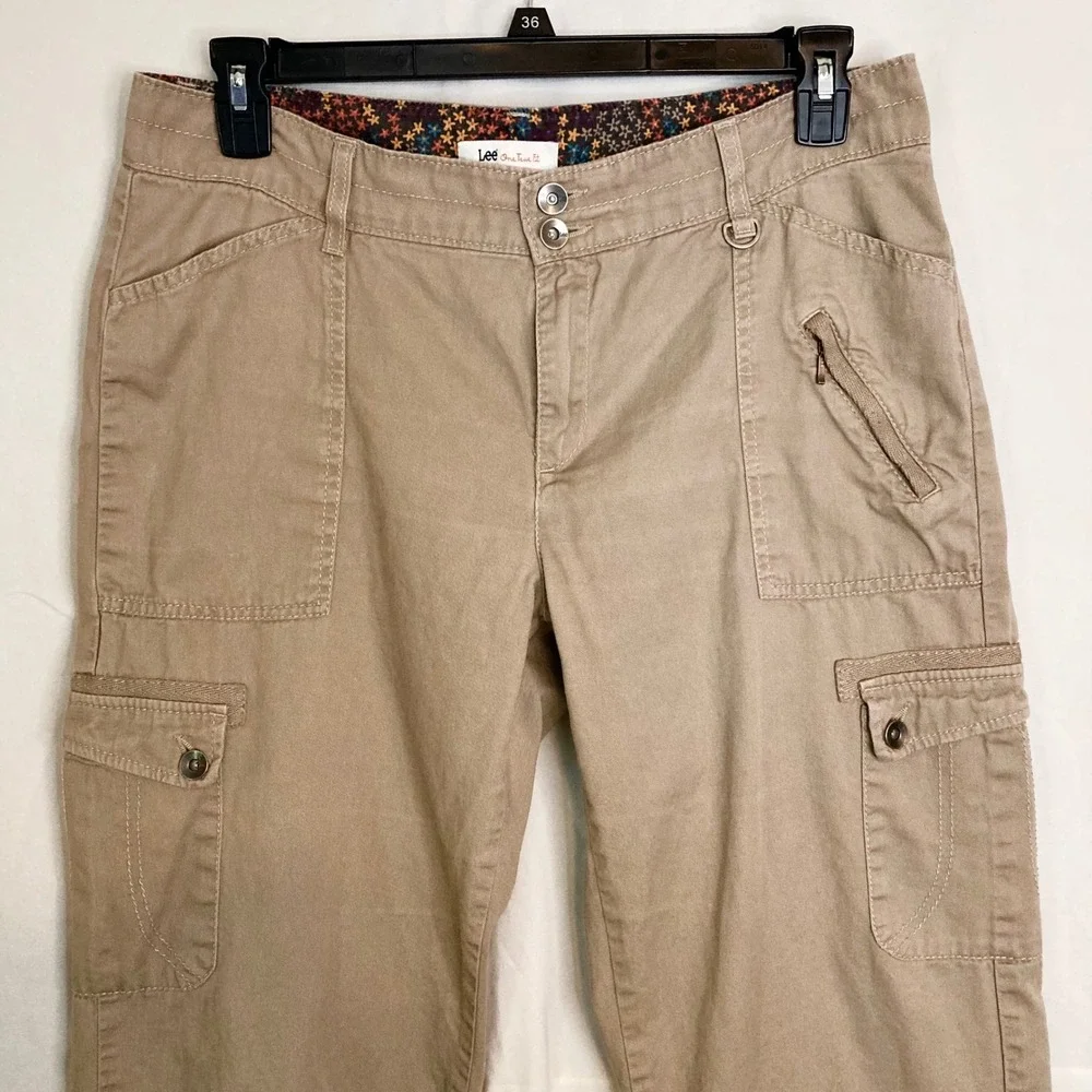 Y2K 2008 Lee One True Fit Khaki Utility Cargo Pants 14 Tan Cotton Straight Leg